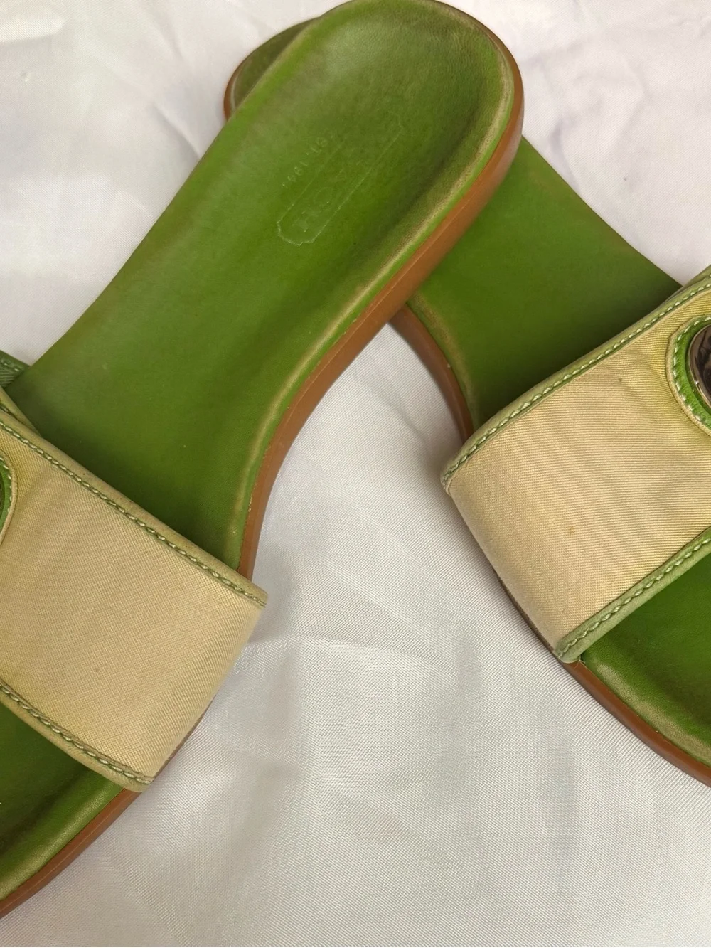 Coach Green and Cream Slide Sandal with Silver Turn-Lock Accent